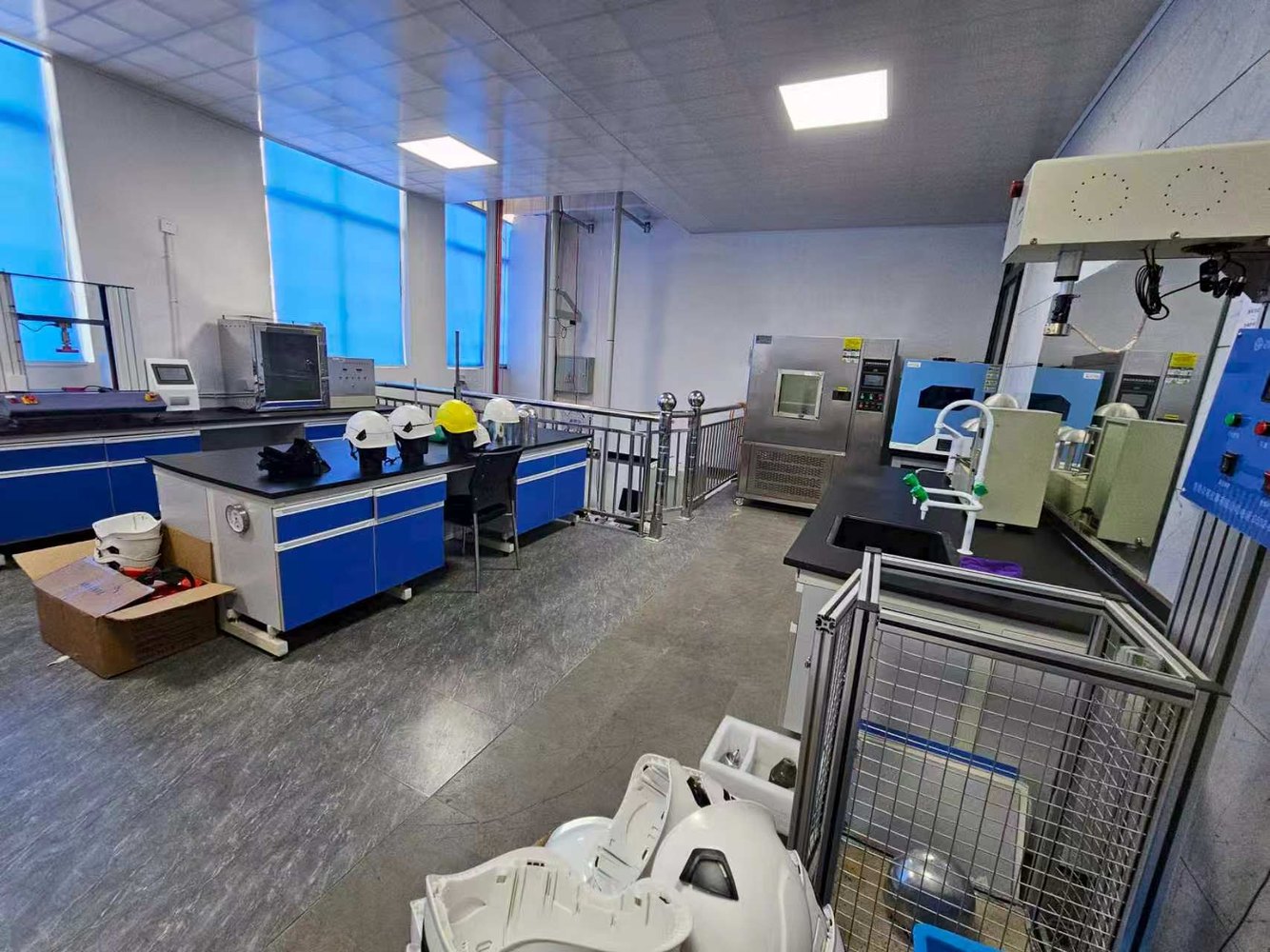 Testing laboratory with helmets and equipment